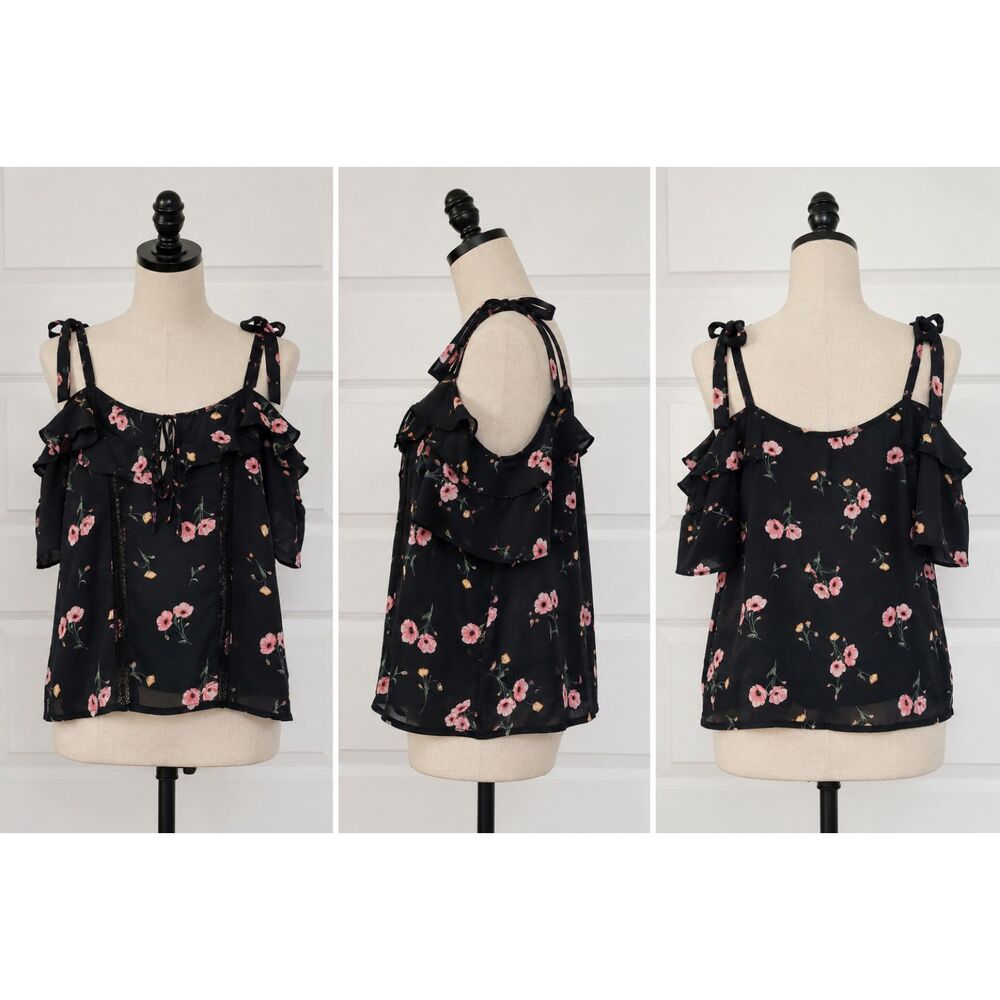 H&M Divided Women’s Size 6 Black Floral Cold Shoulder Ruffle Blouse Lace Tie